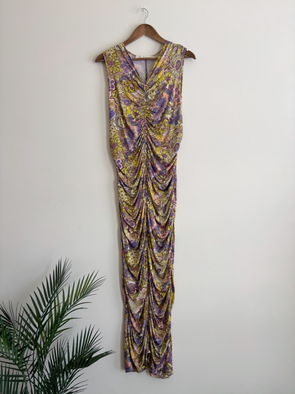 Marie Oliver Floral Ruched Roxie Meadow Maxi Dress Large Summer Resortwear NEW